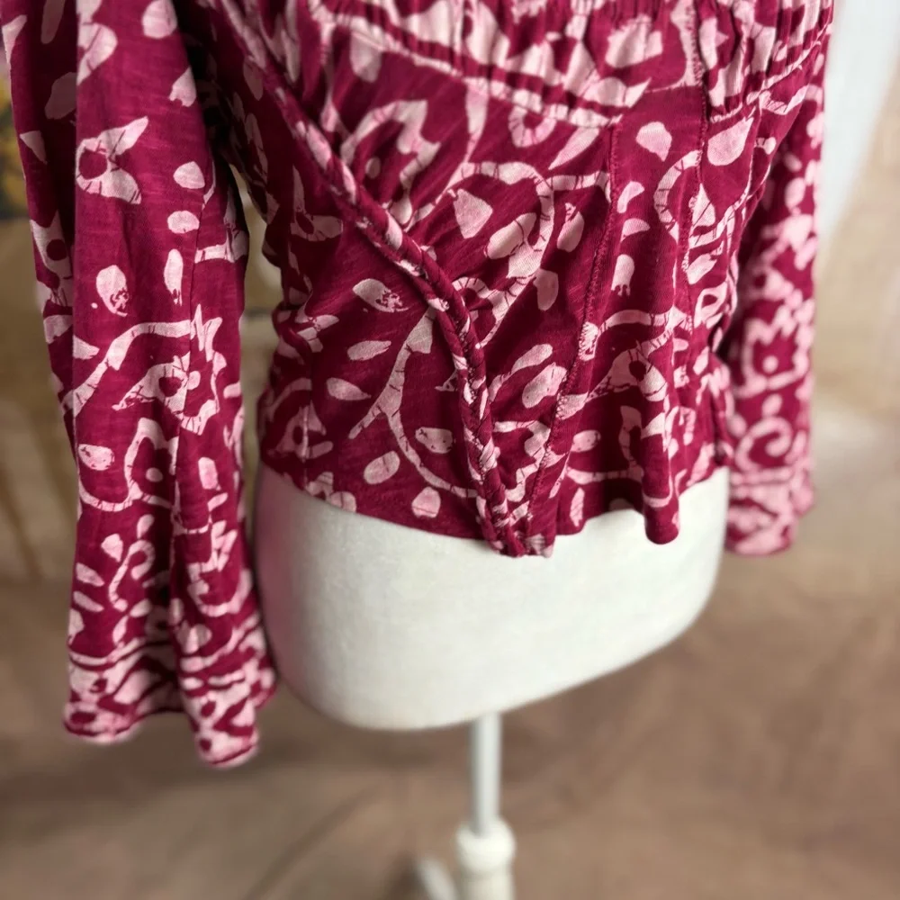 NEW Free People On The Block Bell Sleeve Top - Berry Combo